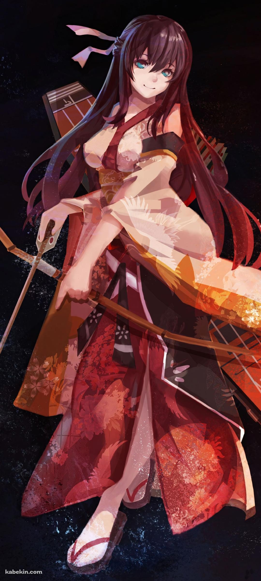 着物を着て弓を構える赤城 / 艦隊これ / 艦隊これくしょんのAndroidの壁紙(1080px x 2400px) スマホ用