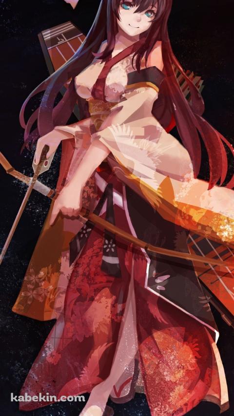 着物を着て弓を構える赤城 / 艦隊これ / 艦隊これくしょんのAndroidの壁紙(480px x 854px) スマホ用
