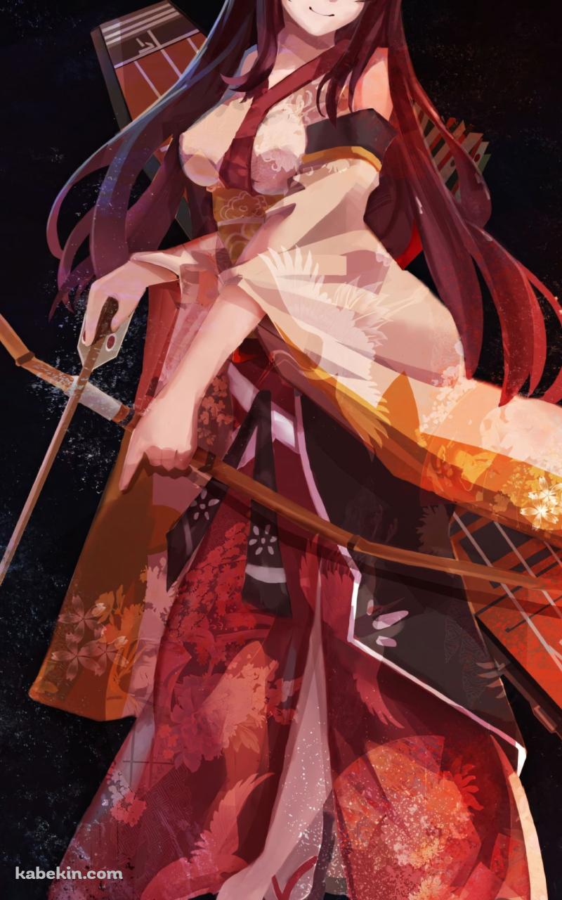 着物を着て弓を構える赤城 / 艦隊これ / 艦隊これくしょんのAndroidの壁紙(800px x 1280px) スマホ用