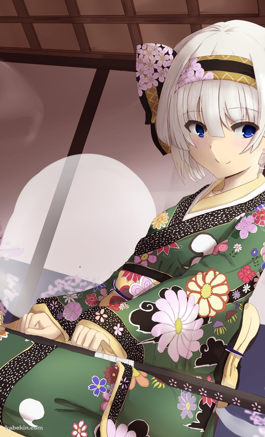 膝に剣を置く花柄模様の緑の着物を着た魂魄妖夢 / 半霊 / 東方のAndroidの壁紙(1080px x 1776px) スマホ用