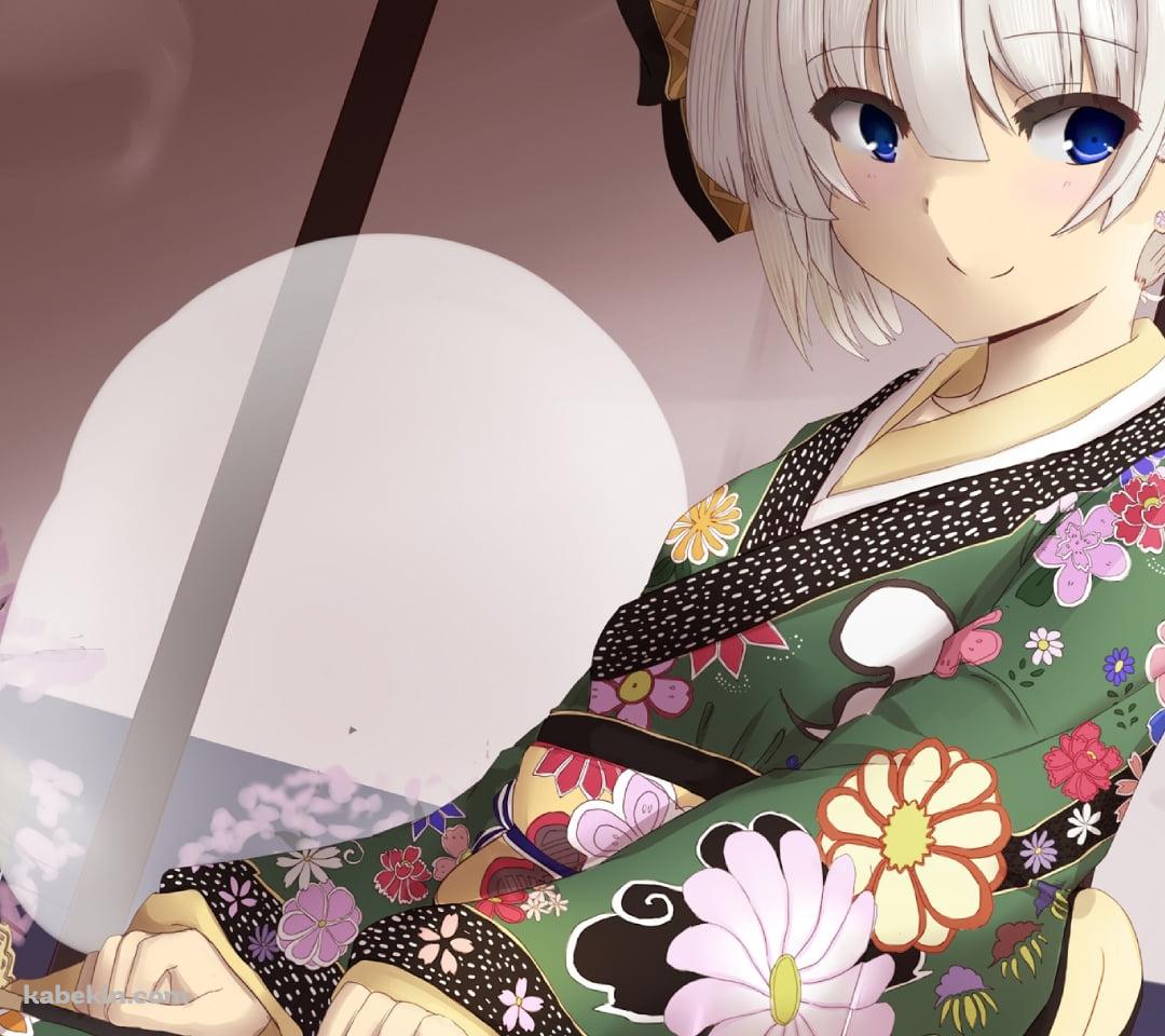 膝に剣を置く花柄模様の緑の着物を着た魂魄妖夢 / 半霊 / 東方のAndroidの壁紙(1080px x 960px) スマホ用