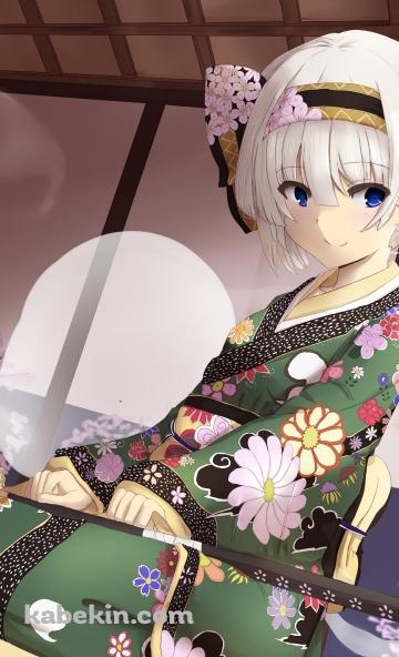 膝に剣を置く花柄模様の緑の着物を着た魂魄妖夢 / 半霊 / 東方のAndroidの壁紙(360px x 592px) スマホ用