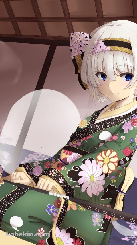 膝に剣を置く花柄模様の緑の着物を着た魂魄妖夢 / 半霊 / 東方のAndroidの壁紙(480px x 854px) スマホ用