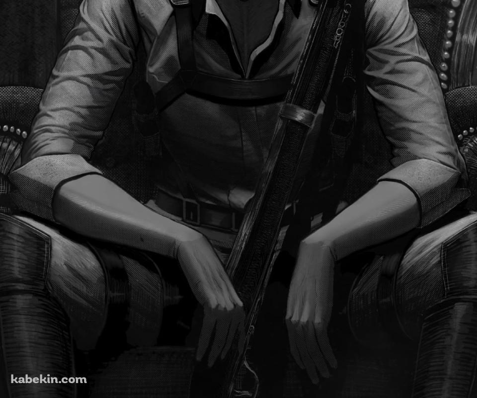 銃を身近に添えて椅子に座り目をつぶるかっこいいリヴァイ / 進撃の巨人のAndroidの壁紙(960px x 800px) スマホ用