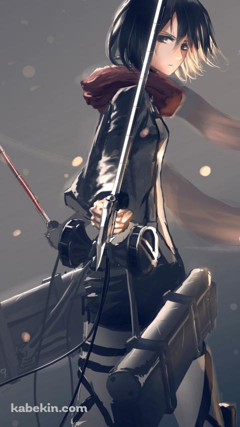 立体機動装置をつけてこちらに振り返るミカサ・アッカーマン / Omni-directional mobility gear / 進撃の巨人のAndroidの壁紙(480px x 854px) スマホ用