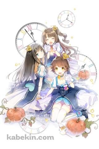 時計とカボチャと渋谷凛、島村卯月、本田未央 / アイドルマスターシンデレラガールズのAndroidの壁紙(320px x 480px) スマホ用