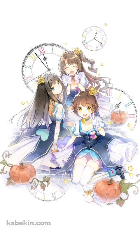 時計とカボチャと渋谷凛、島村卯月、本田未央 / アイドルマスターシンデレラガールズのAndroidの壁紙(480px x 800px) スマホ用