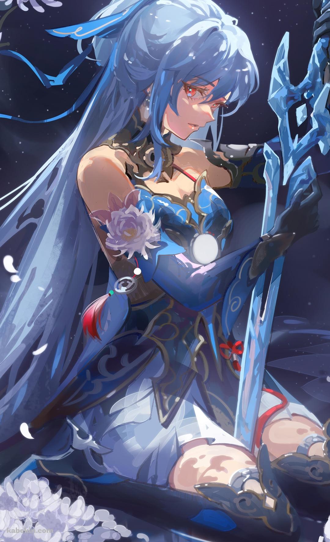 青い剣を持ち座る鏡流 / 満月 / 崩壊:スターレイルのAndroidの壁紙(1080px x 1776px) スマホ用