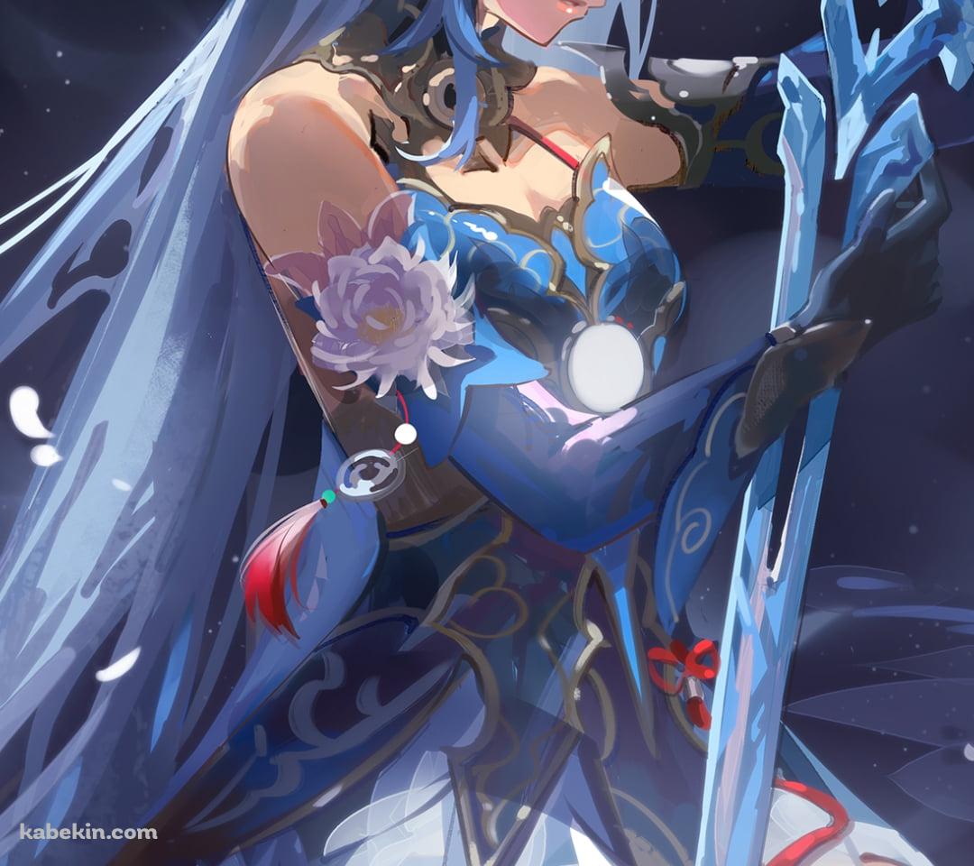 青い剣を持ち座る鏡流 / 満月 / 崩壊:スターレイルのAndroidの壁紙(1080px x 960px) スマホ用