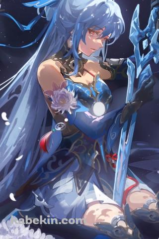 青い剣を持ち座る鏡流 / 満月 / 崩壊:スターレイルのAndroidの壁紙(320px x 480px) スマホ用