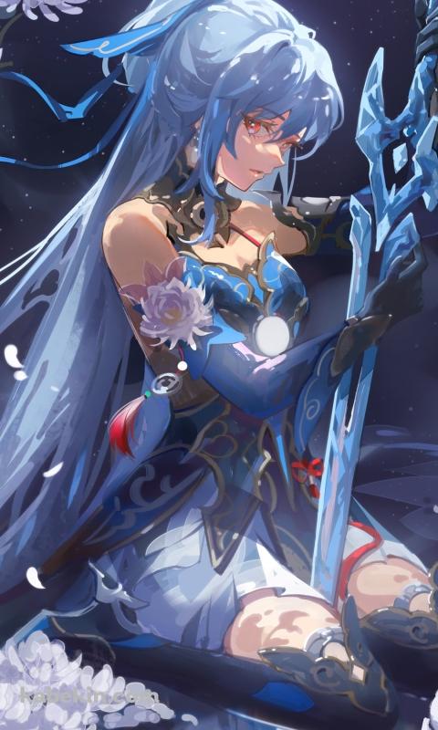 青い剣を持ち座る鏡流 / 満月 / 崩壊:スターレイルのAndroidの壁紙(480px x 800px) スマホ用