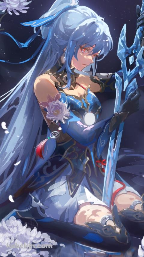 青い剣を持ち座る鏡流 / 満月 / 崩壊:スターレイルのAndroidの壁紙(480px x 854px) スマホ用