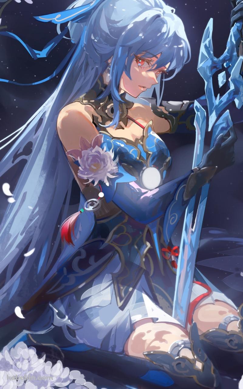 青い剣を持ち座る鏡流 / 満月 / 崩壊:スターレイルのAndroidの壁紙(800px x 1280px) スマホ用