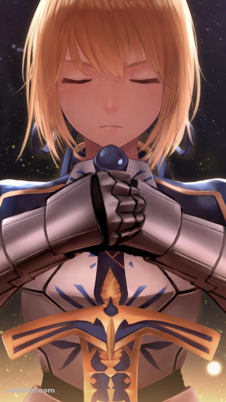 両手に剣を持ち目をつぶるセイバー / アルトリア・ペンドラゴン / Fate / フェイト/ステイナイトのAndroidの壁紙(720px x 1280px) スマホ用