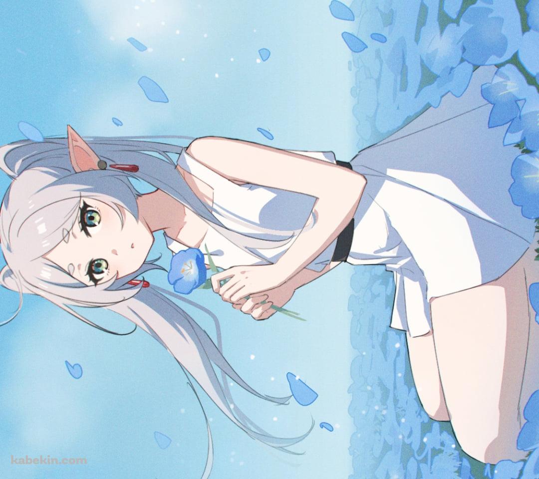 青い花を摘みこちらを見つめる可愛いフリーレン / 葬送のフリーレンのAndroidの壁紙(1080px x 960px) スマホ用