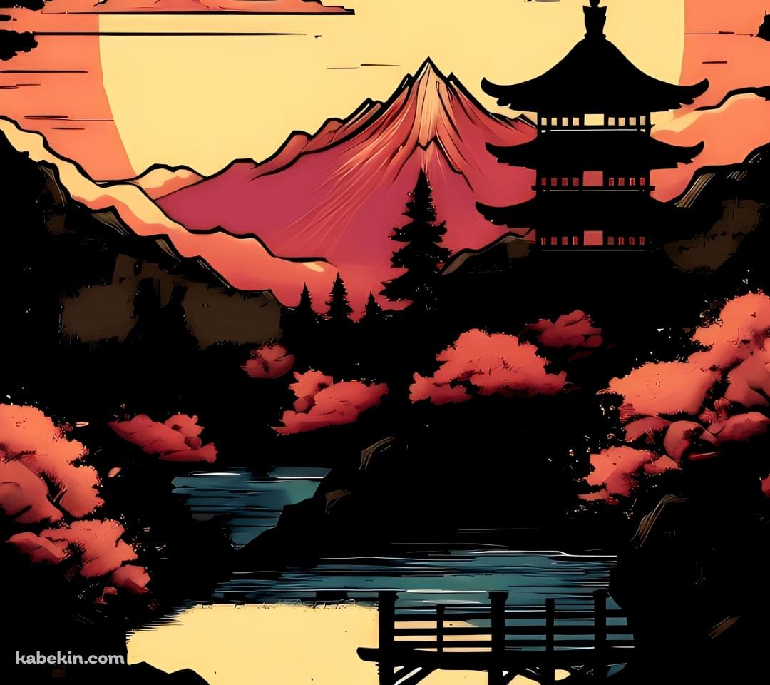 五重の塔と夕陽と紅葉 / 日本の風景のAndroidの壁紙(1080px x 960px) スマホ用