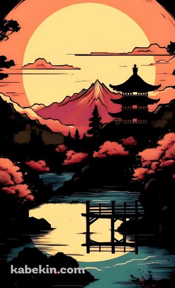 五重の塔と夕陽と紅葉 / 日本の風景のAndroidの壁紙(360px x 592px) スマホ用