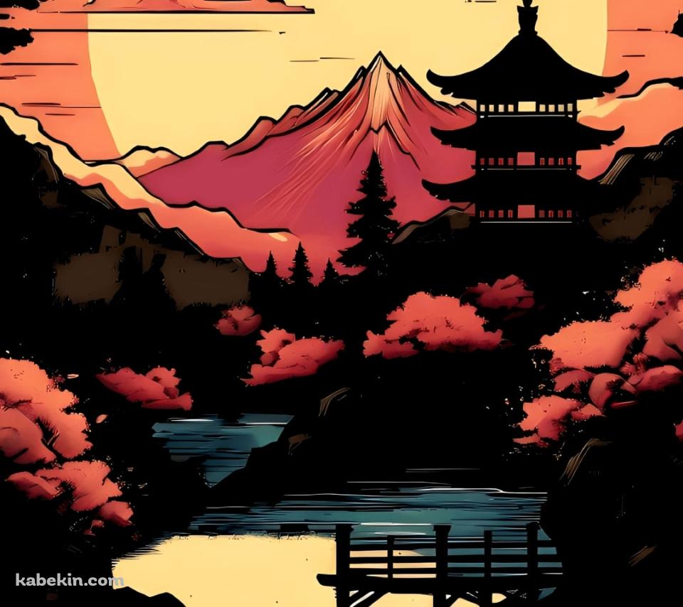 五重の塔と夕陽と紅葉 / 日本の風景のAndroidの壁紙(960px x 854px) スマホ用