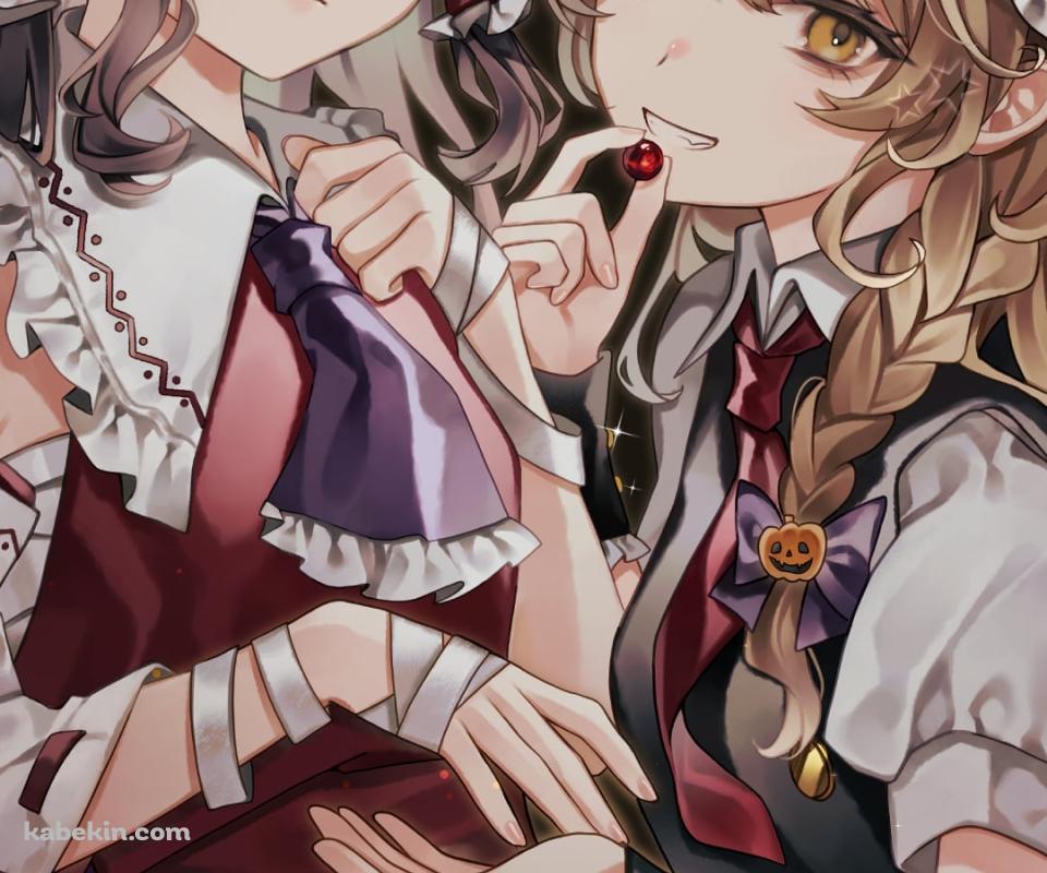 寄り添う博麗霊夢と霧雨魔理沙 / ハロウィン / カボチャ / 薔薇 / 東方のAndroidの壁紙(960px x 800px) スマホ用