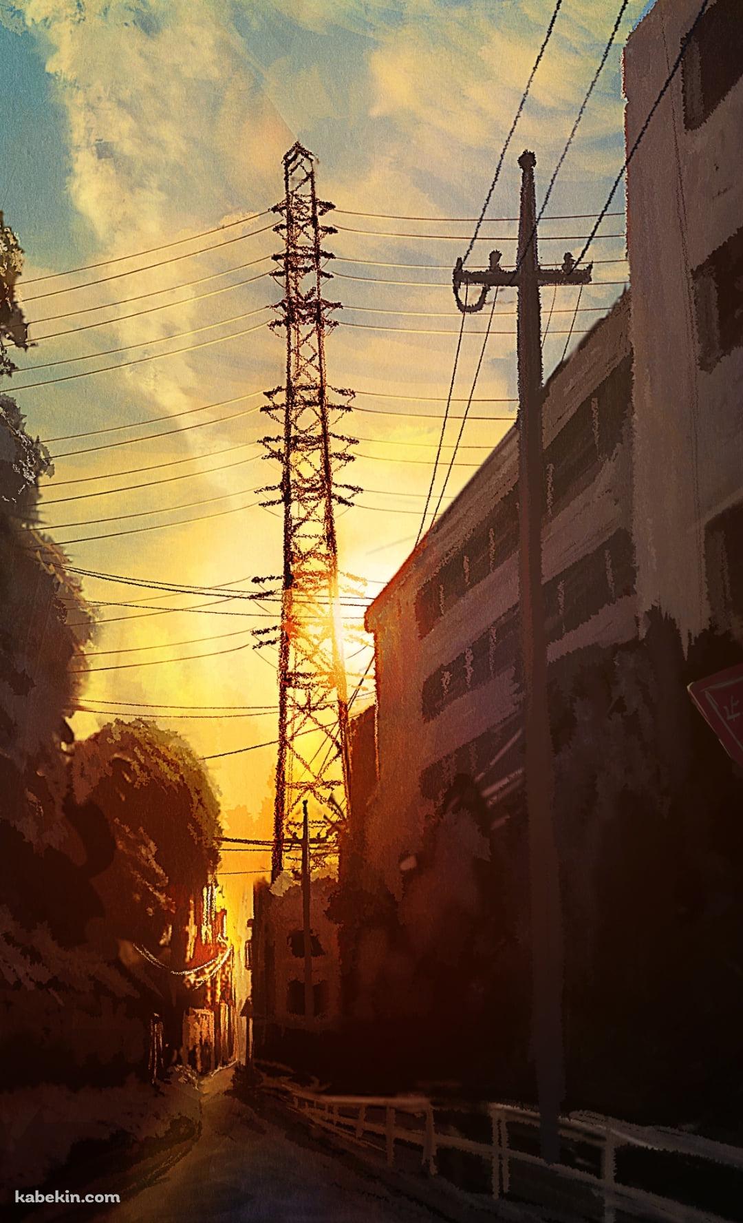 路地裏から見る夕暮れ時の鉄塔のAndroidの壁紙(1080px x 1776px) スマホ用