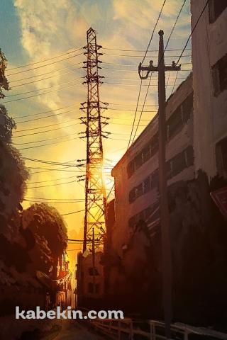 路地裏から見る夕暮れ時の鉄塔のAndroidの壁紙(320px x 480px) スマホ用
