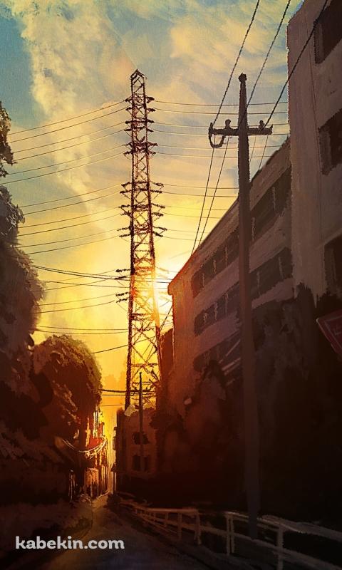 路地裏から見る夕暮れ時の鉄塔のAndroidの壁紙(480px x 800px) スマホ用