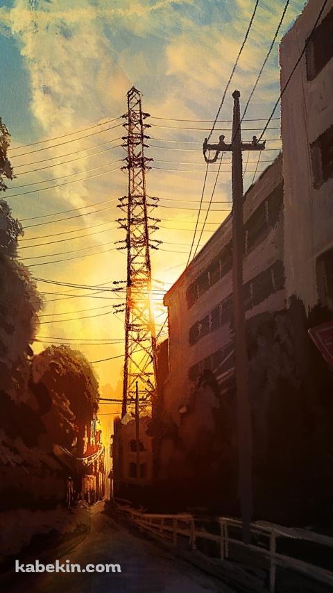 路地裏から見る夕暮れ時の鉄塔のAndroidの壁紙(480px x 854px) スマホ用