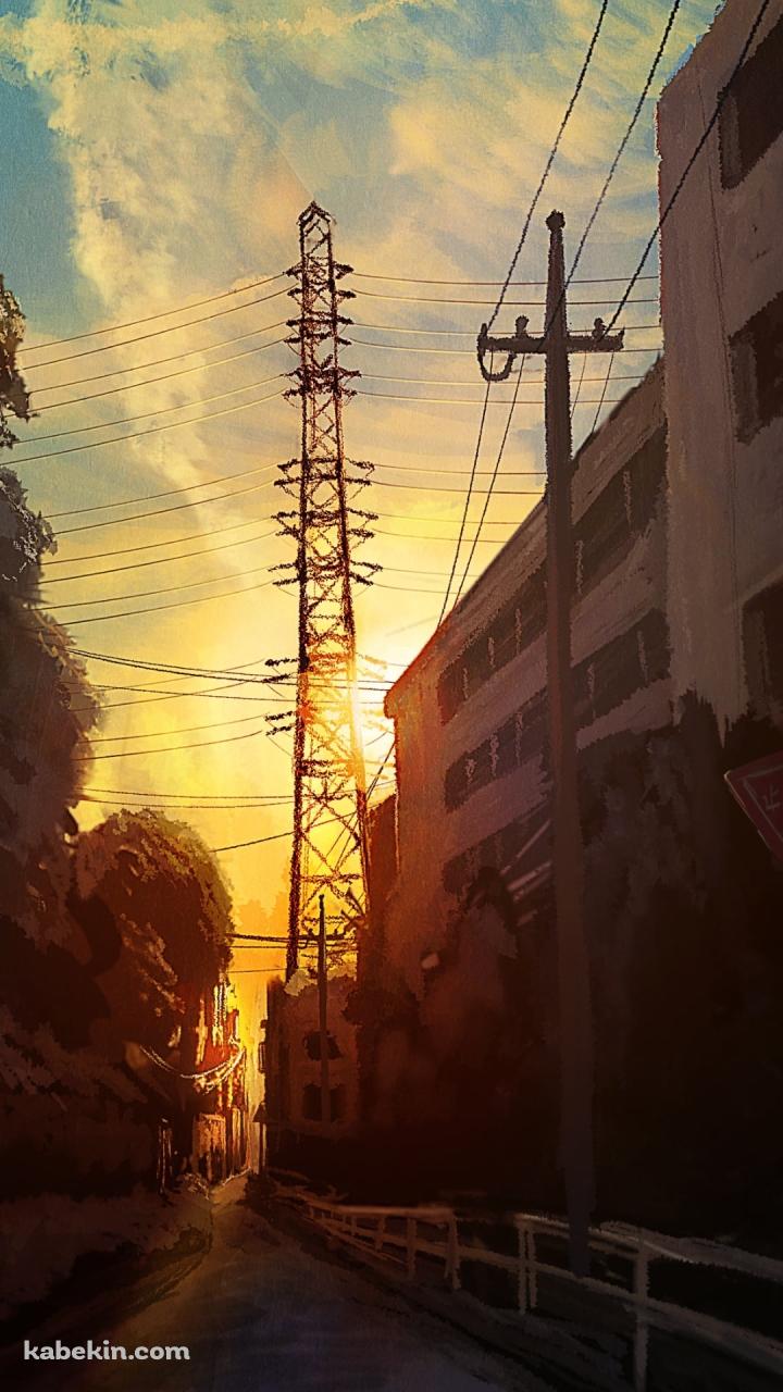 路地裏から見る夕暮れ時の鉄塔のAndroidの壁紙(720px x 1280px) スマホ用
