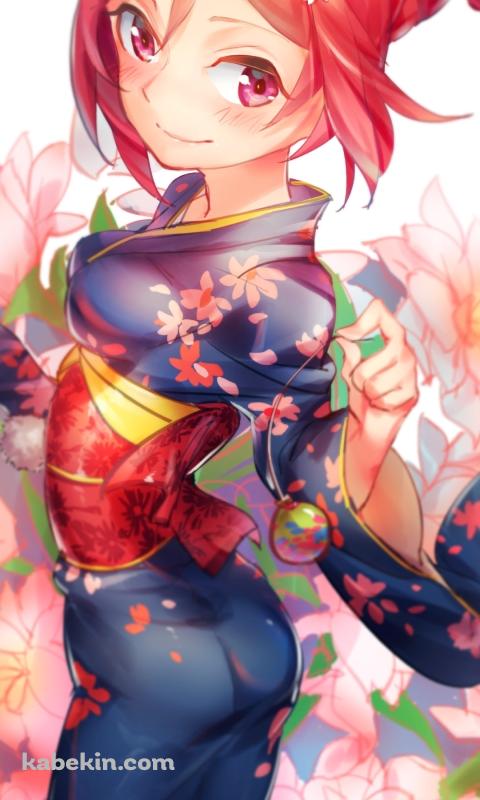花柄の青い着物を着た西木野真姫 / ラブライブ!のAndroidの壁紙(480px x 800px) スマホ用