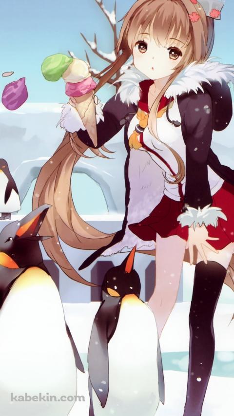 氷上の上の大和と皇帝ペンギン / 艦隊これくしょんのAndroidの壁紙(480px x 854px) スマホ用