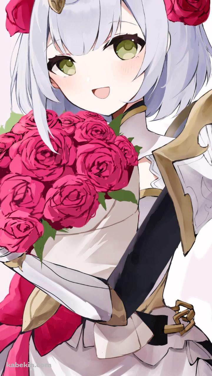 赤い薔薇の花束を持つ笑顔のノエル / 原神のAndroidの壁紙(720px x 1280px) スマホ用
