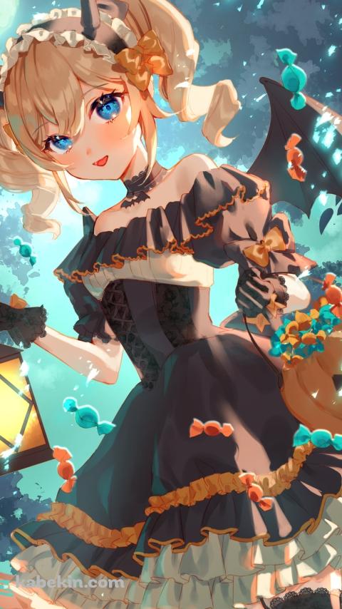 ランタンとパンプキンの入れ物を持つハロウィンコスのバーバラ / 原神のAndroidの壁紙(480px x 854px) スマホ用