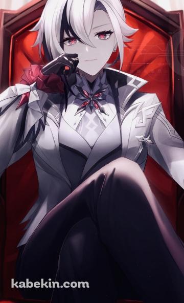 赤い立派な椅子に座り頬杖をつくアルレッキーノ / 原神のAndroidの壁紙(360px x 592px) スマホ用