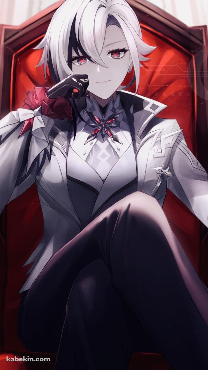 赤い立派な椅子に座り頬杖をつくアルレッキーノ / 原神のAndroidの壁紙(720px x 1280px) スマホ用