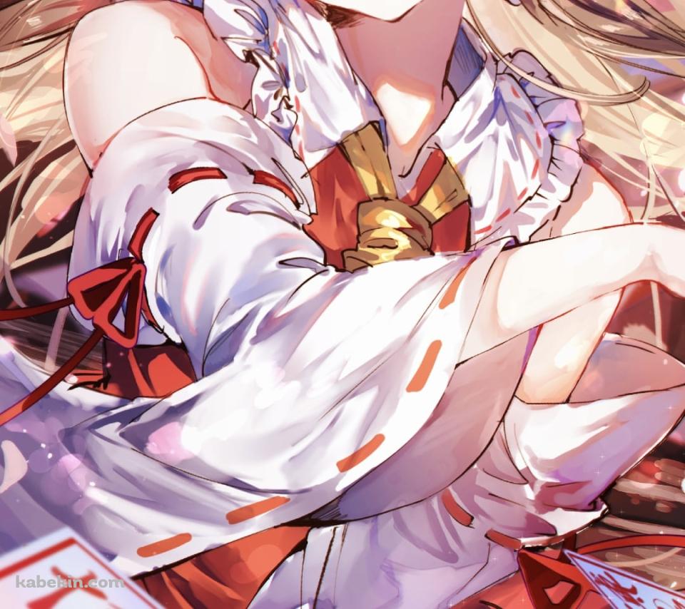 桜の花とお札と綺麗な博麗霊夢 / 東方のAndroidの壁紙(960px x 854px) スマホ用