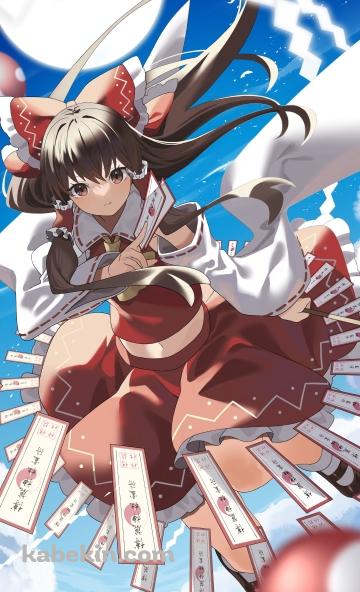 お札で攻撃する博麗霊夢 / 青空 / 太陽 / 東方のAndroidの壁紙(360px x 592px) スマホ用