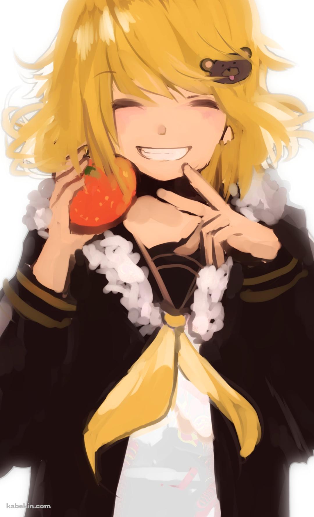 ミカンを持ちピースをする鏡音リン / ボカロ / ボーカロイドのAndroidの壁紙(1080px x 1776px) スマホ用