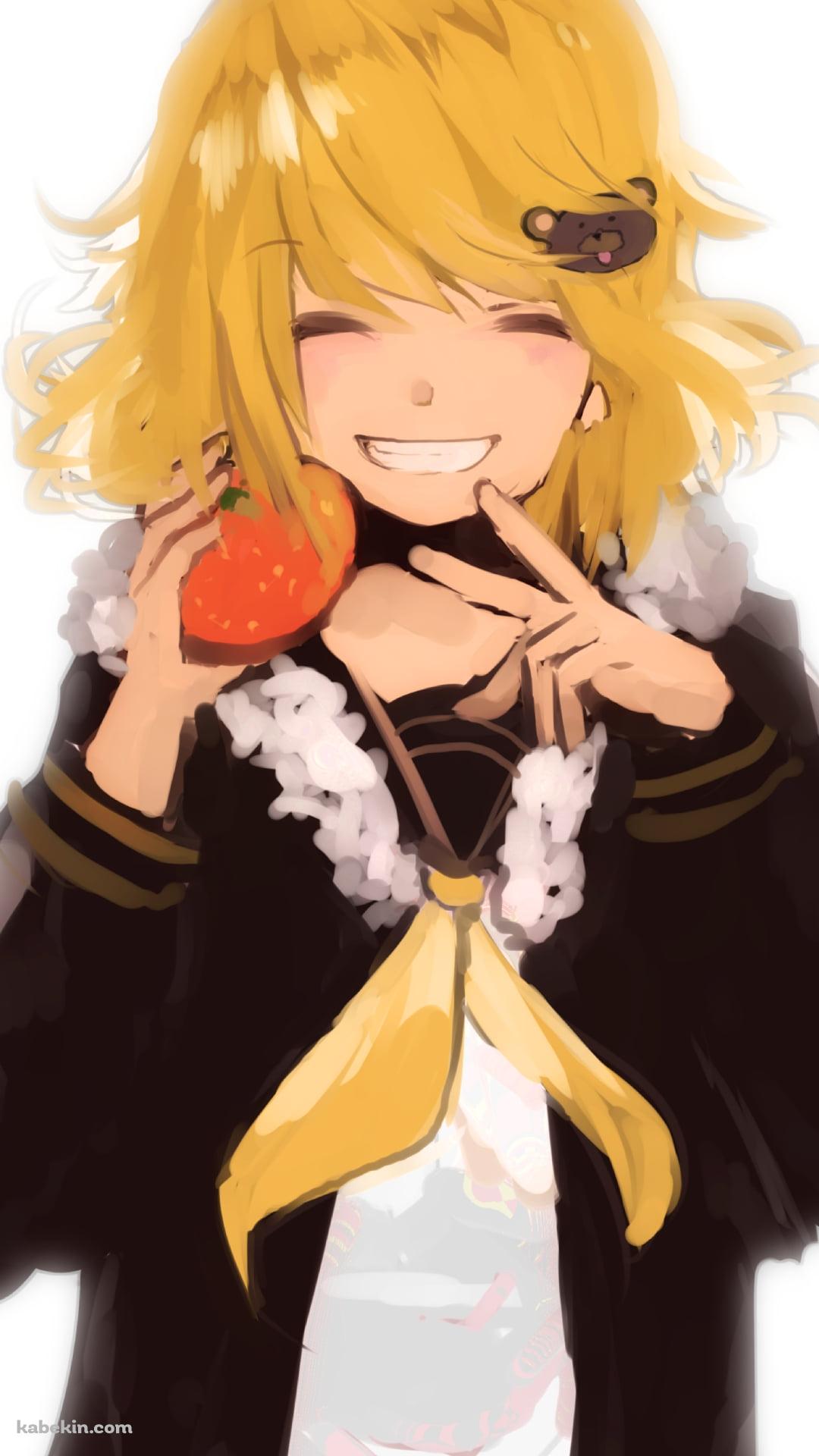 ミカンを持ちピースをする鏡音リン / ボカロ / ボーカロイドのAndroidの壁紙(1080px x 1920px) スマホ用