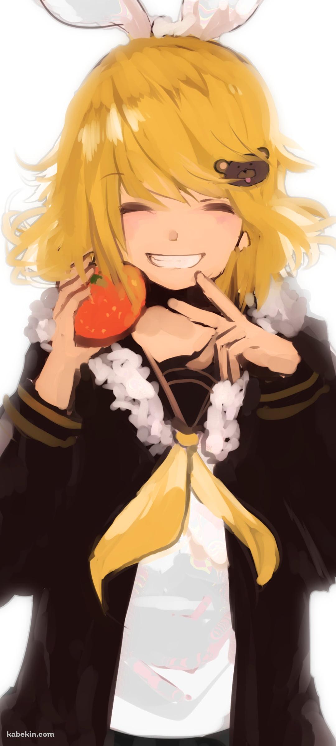ミカンを持ちピースをする鏡音リン / ボカロ / ボーカロイドのAndroidの壁紙(1080px x 2400px) スマホ用