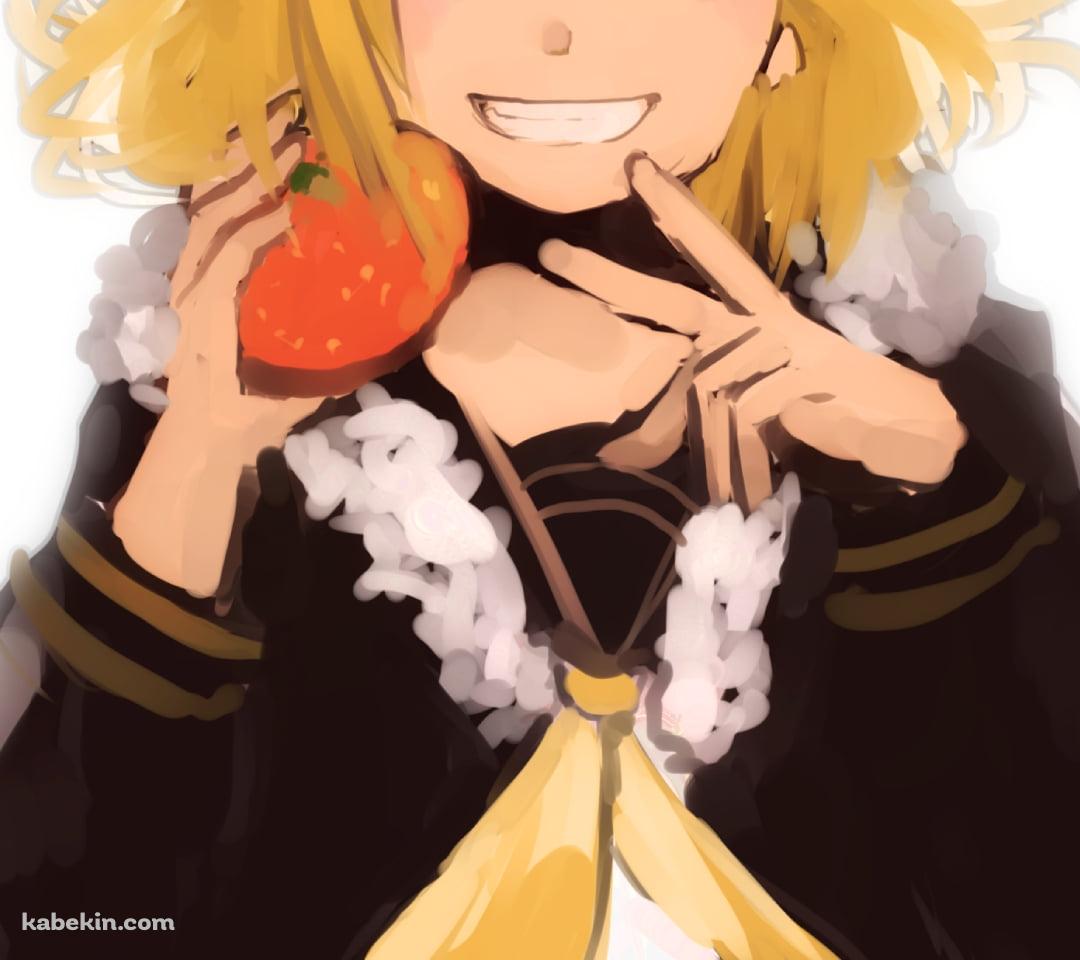 ミカンを持ちピースをする鏡音リン / ボカロ / ボーカロイドのAndroidの壁紙(1080px x 960px) スマホ用