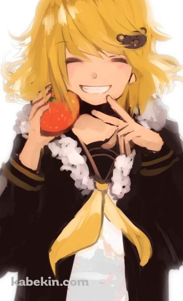 ミカンを持ちピースをする鏡音リン / ボカロ / ボーカロイドのAndroidの壁紙(360px x 592px) スマホ用
