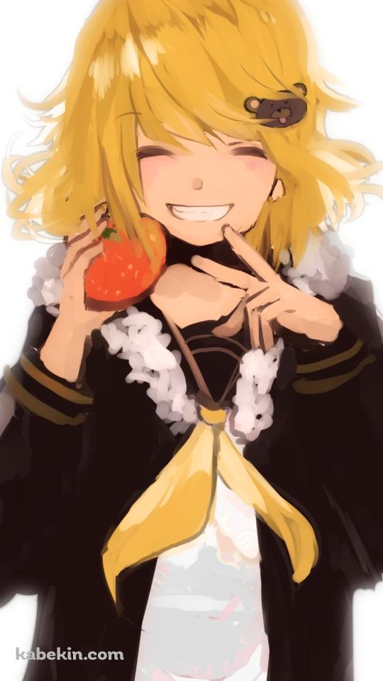 ミカンを持ちピースをする鏡音リン / ボカロ / ボーカロイドのAndroidの壁紙(540px x 960px) スマホ用