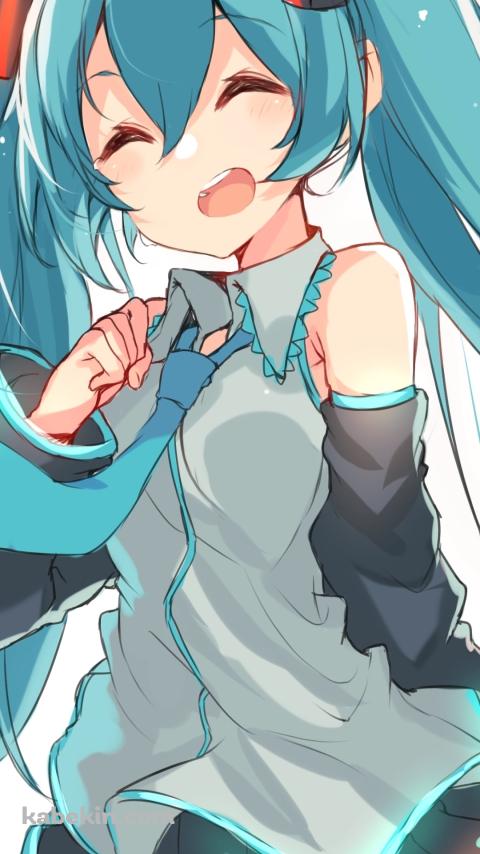 拳を握り満面の笑みの可愛い初音ミク / ツインテール / ボカロ / ボーカロイドのAndroidの壁紙(480px x 854px) スマホ用