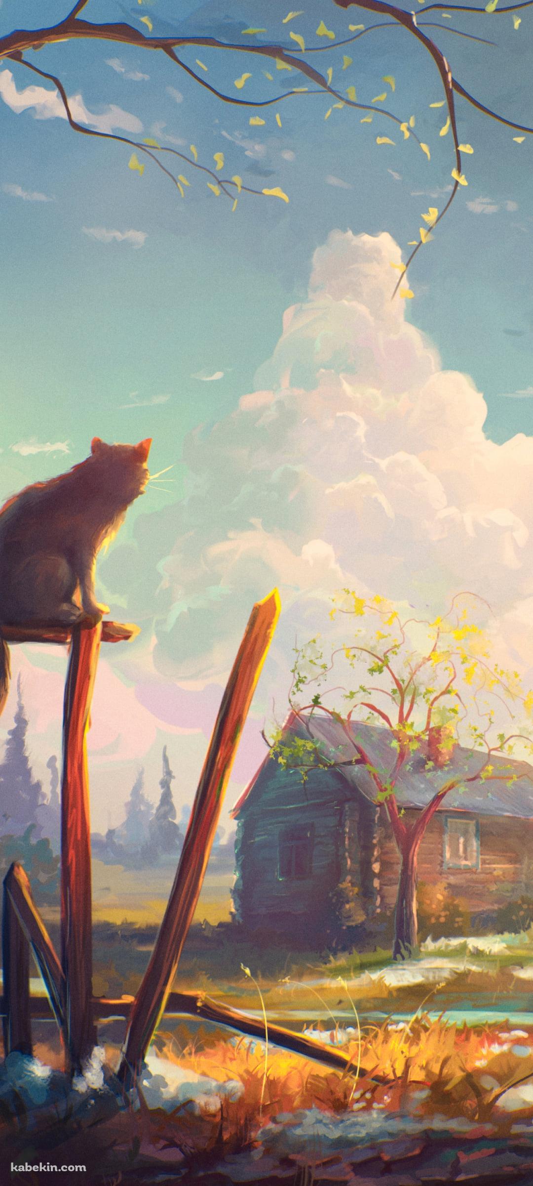 木造の家と木の柵の上に座る猫のAndroidの壁紙(1080px x 2400px) スマホ用