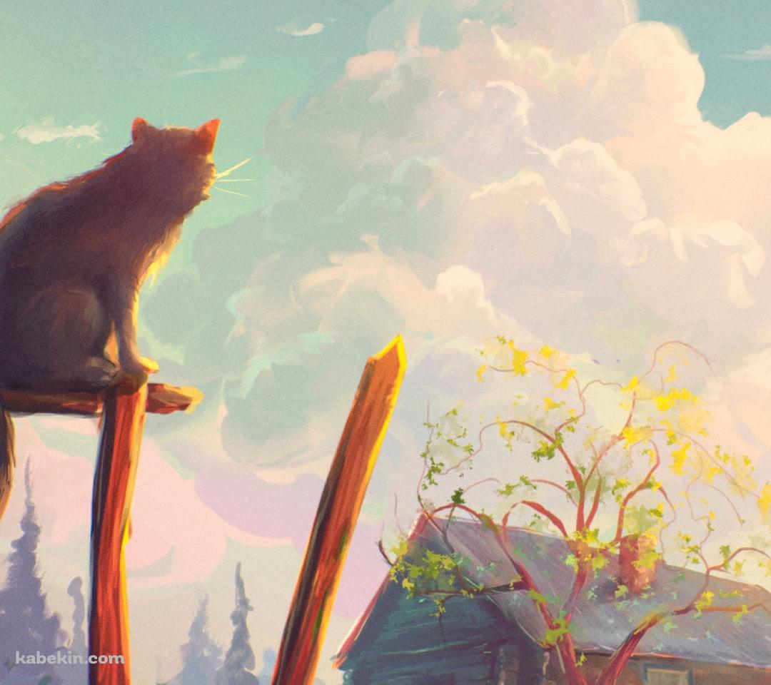 木造の家と木の柵の上に座る猫のAndroidの壁紙(1080px x 960px) スマホ用