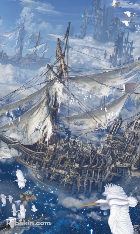 ボロボロの船と白い鳥のAndroidの壁紙(480px x 800px) スマホ用