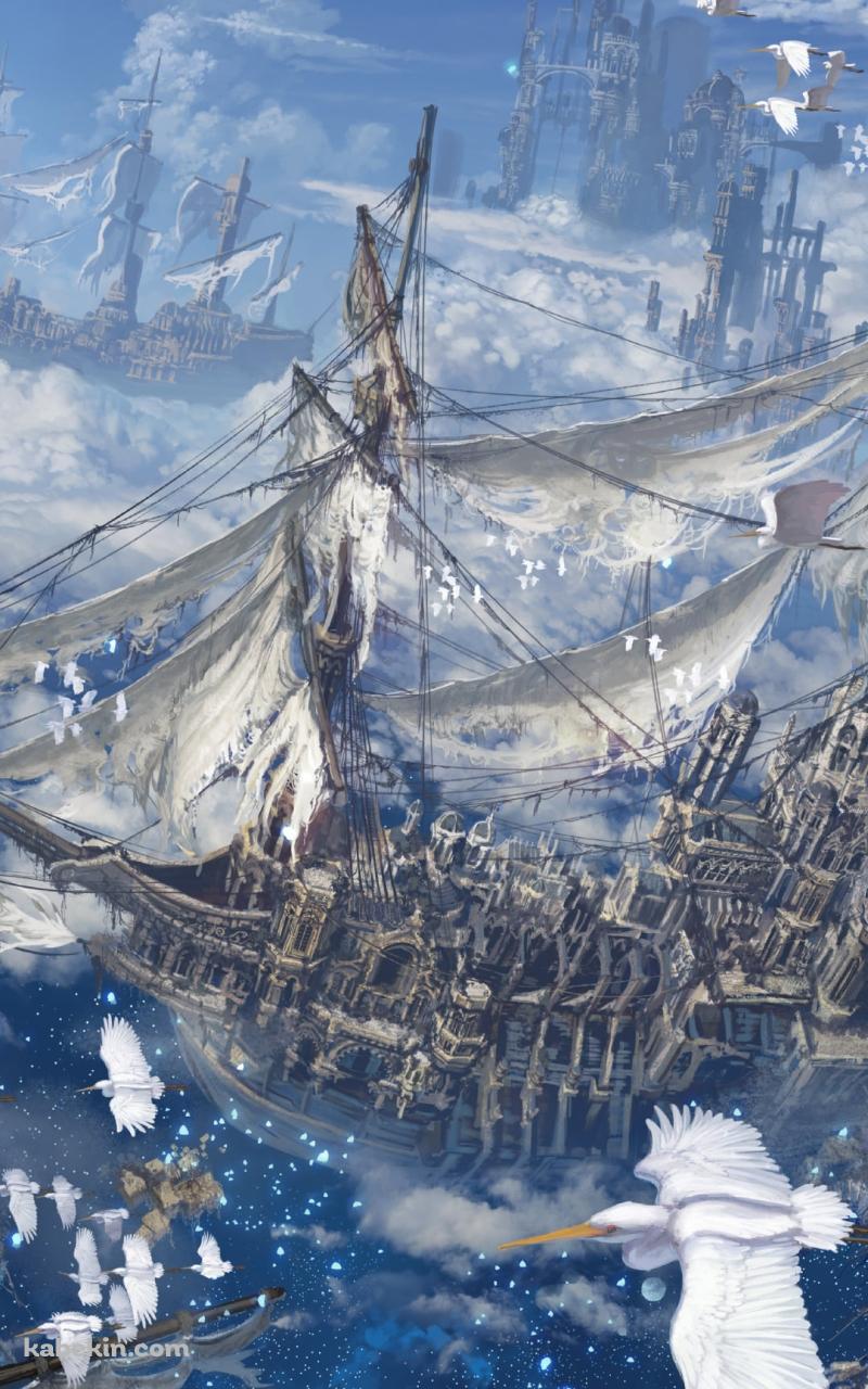 ボロボロの船と白い鳥のAndroidの壁紙(800px x 1280px) スマホ用