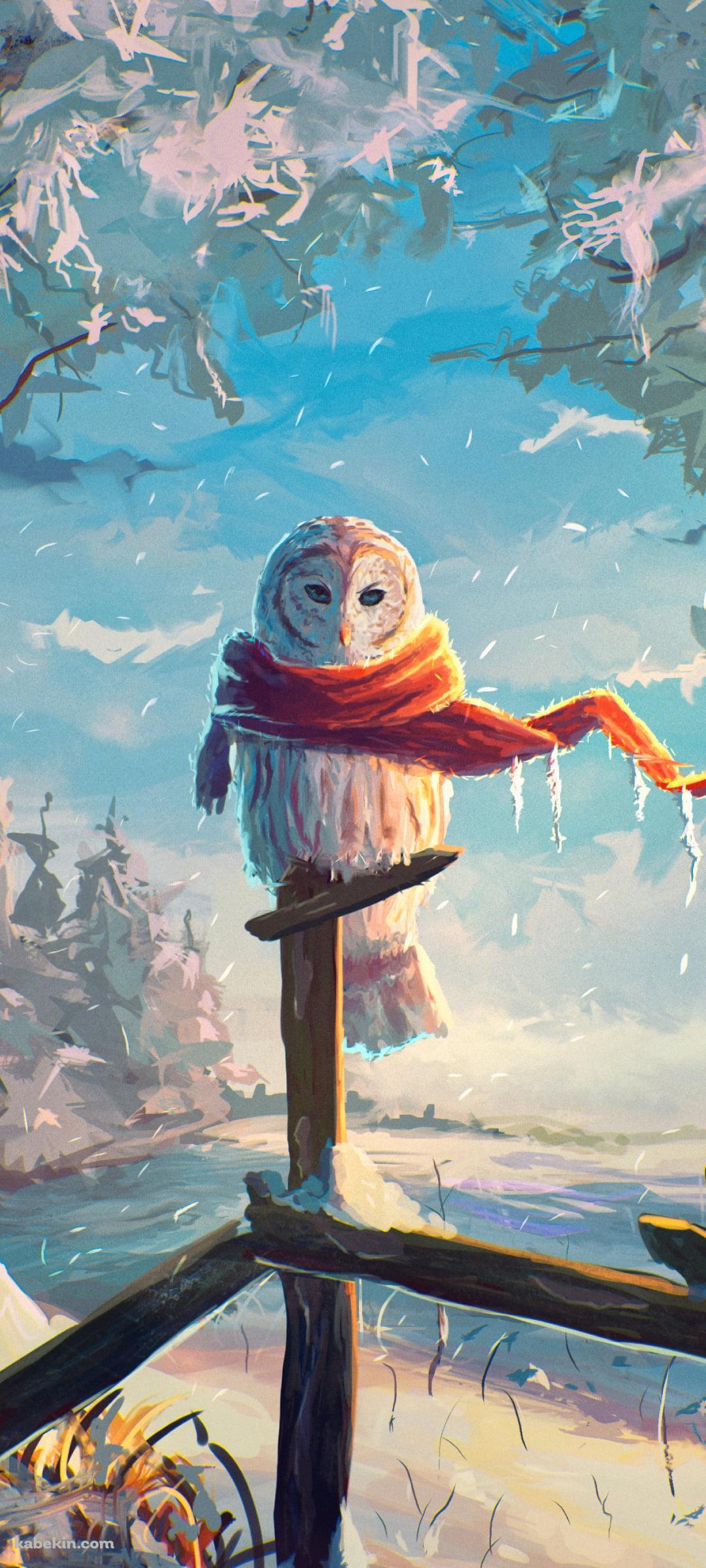 冬、オレンジのマフラーを巻くフクロウのAndroidの壁紙(1080px x 2400px) スマホ用