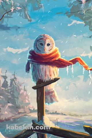 冬、オレンジのマフラーを巻くフクロウのAndroidの壁紙(320px x 480px) スマホ用