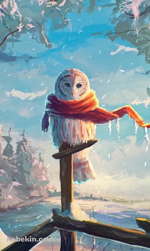 冬、オレンジのマフラーを巻くフクロウのAndroidの壁紙(480px x 800px) スマホ用